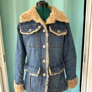 Vtg SEVEN STAR Pennylane Faux Fur Denim Midi Coat W/ Fur Lined Pockets Sz L